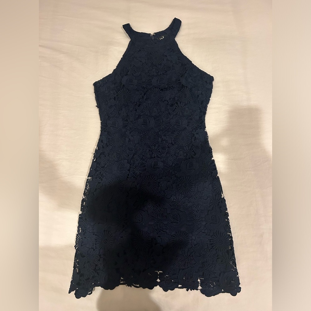 Navy floral laced layered dress. High neck cut.